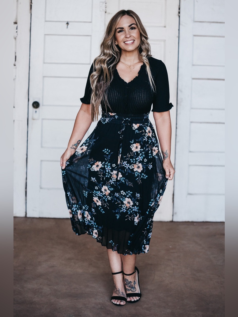 Olivaceous Black Floral Pleated Midi Skirt Petite Friendly! - Picture 3 of 5